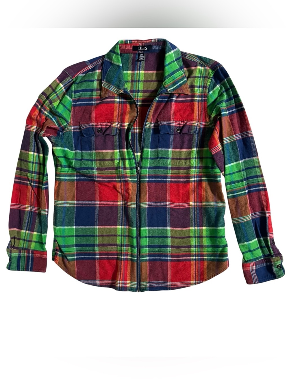 Chaps Shirt Jacket Womens Large Plaid Full Zip Cotton Shacket Long Sleeve